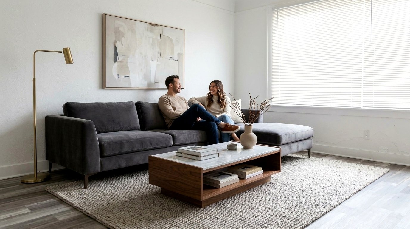 Couple relaxing in their Nance Apartments living room