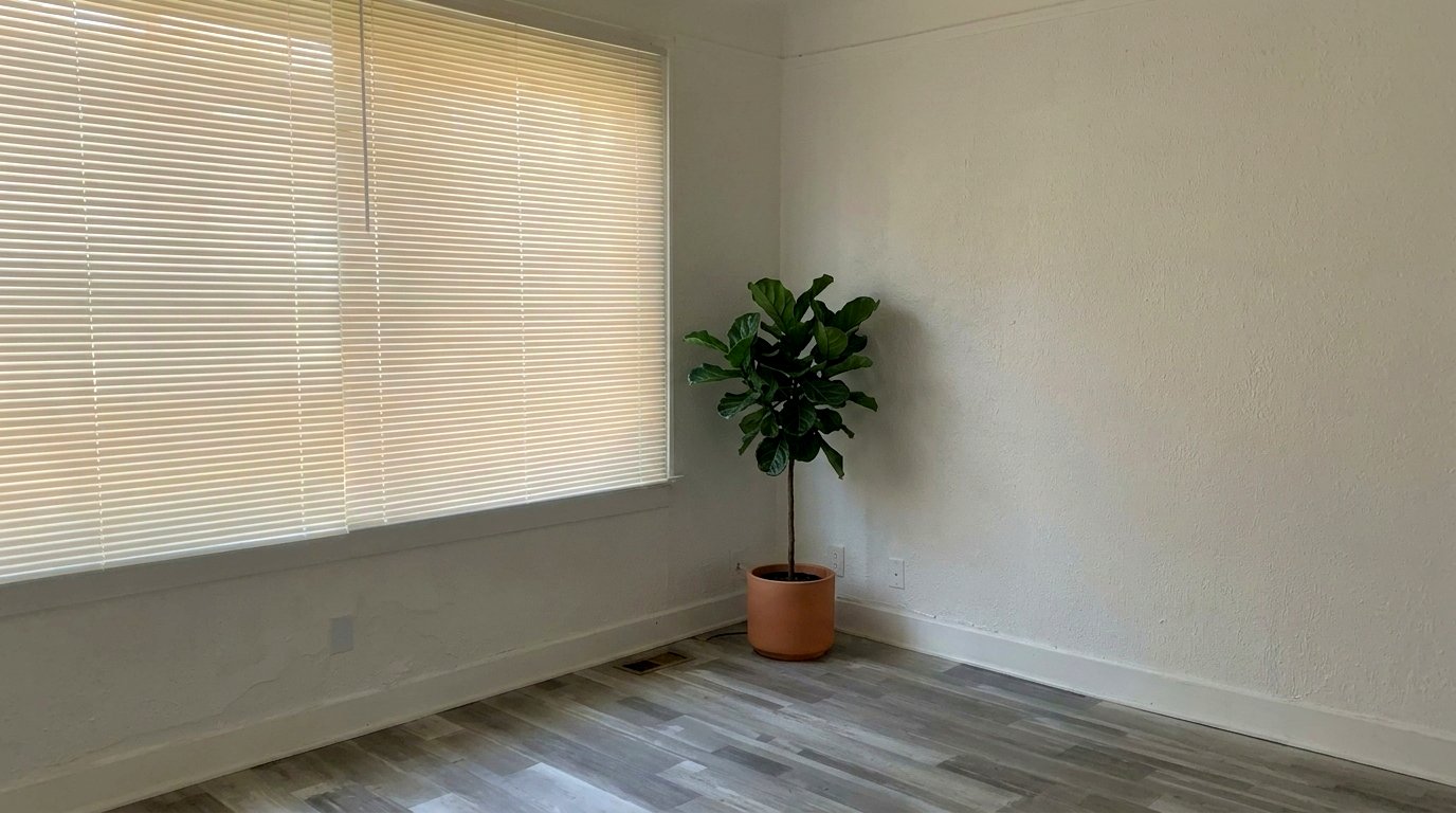 Bright corner with fiddle leaf plant and large window